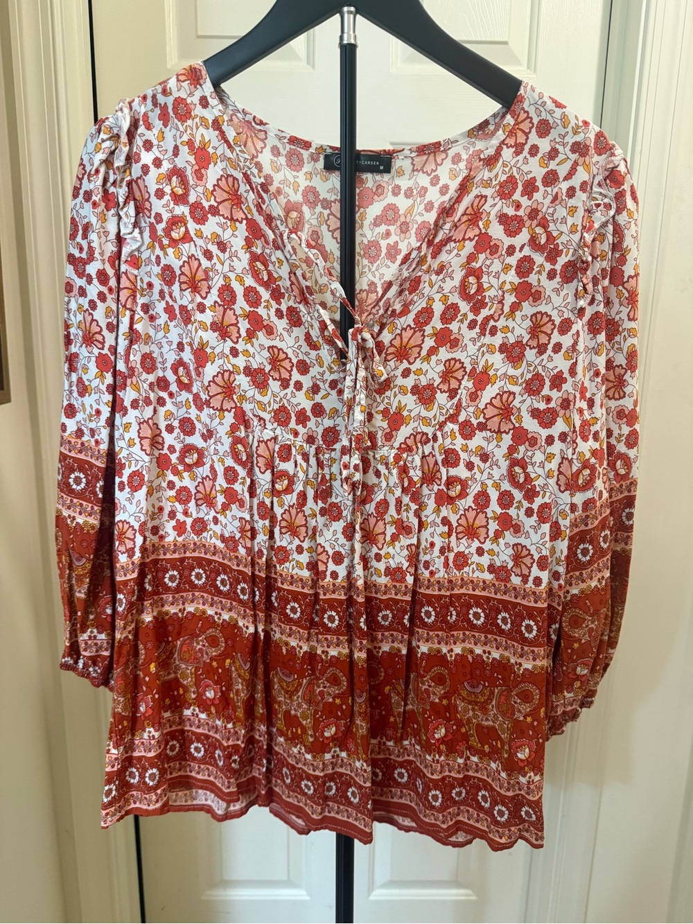 Lightweight Floral Peasant Blouse - Red Multi